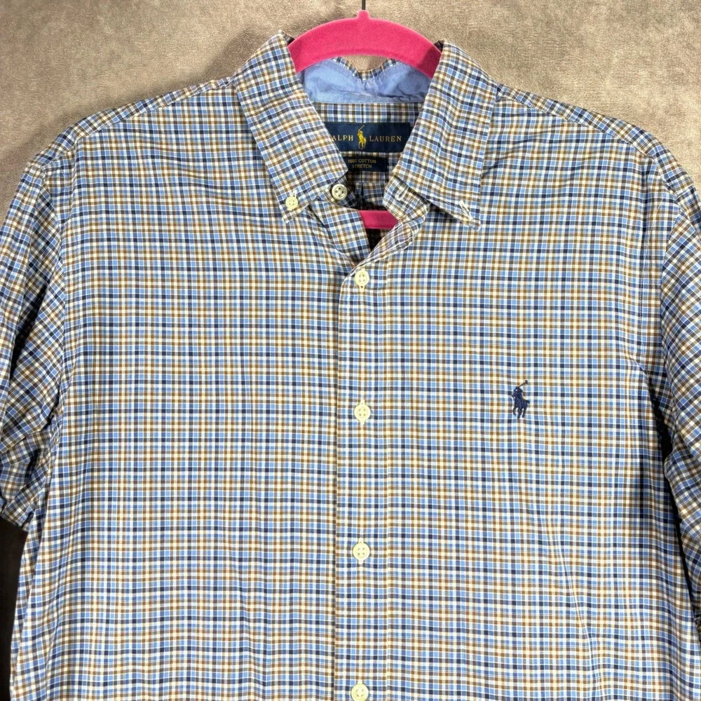 Ralph Lauren Button Down Shirt Mens Medium Blue Plaid Cotton Stretch Long Sleeve